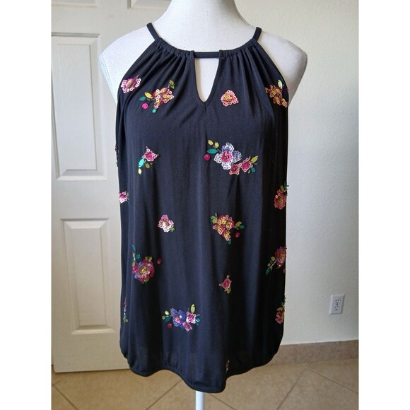 INC International Concepts Women's Embellished Bubble Hem Halter Top Black PXL - Picture 2 of 16